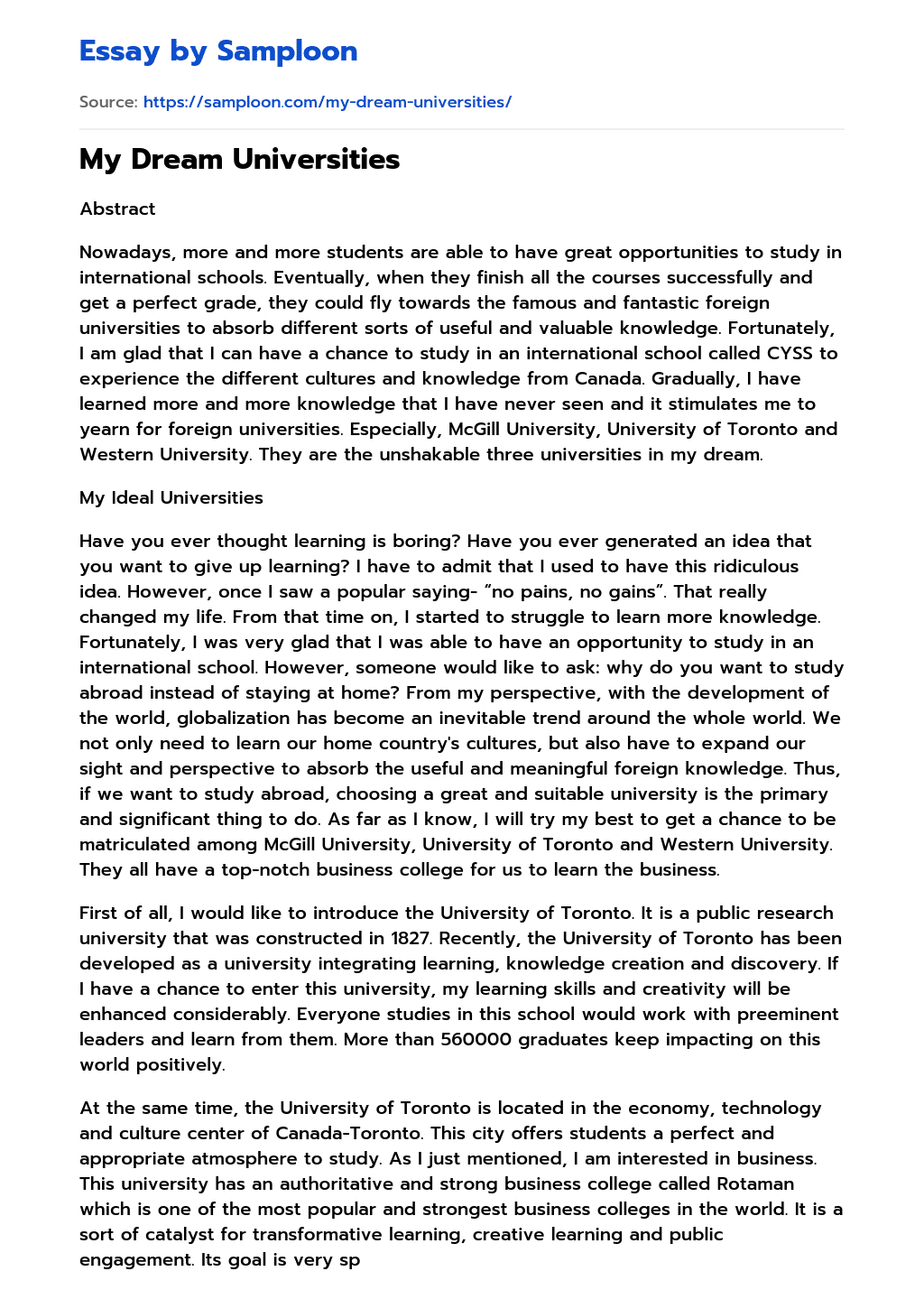 essay on my dream university