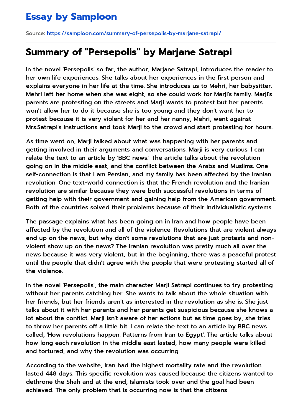 Summary of “Persepolis” by Marjane Satrapi essay