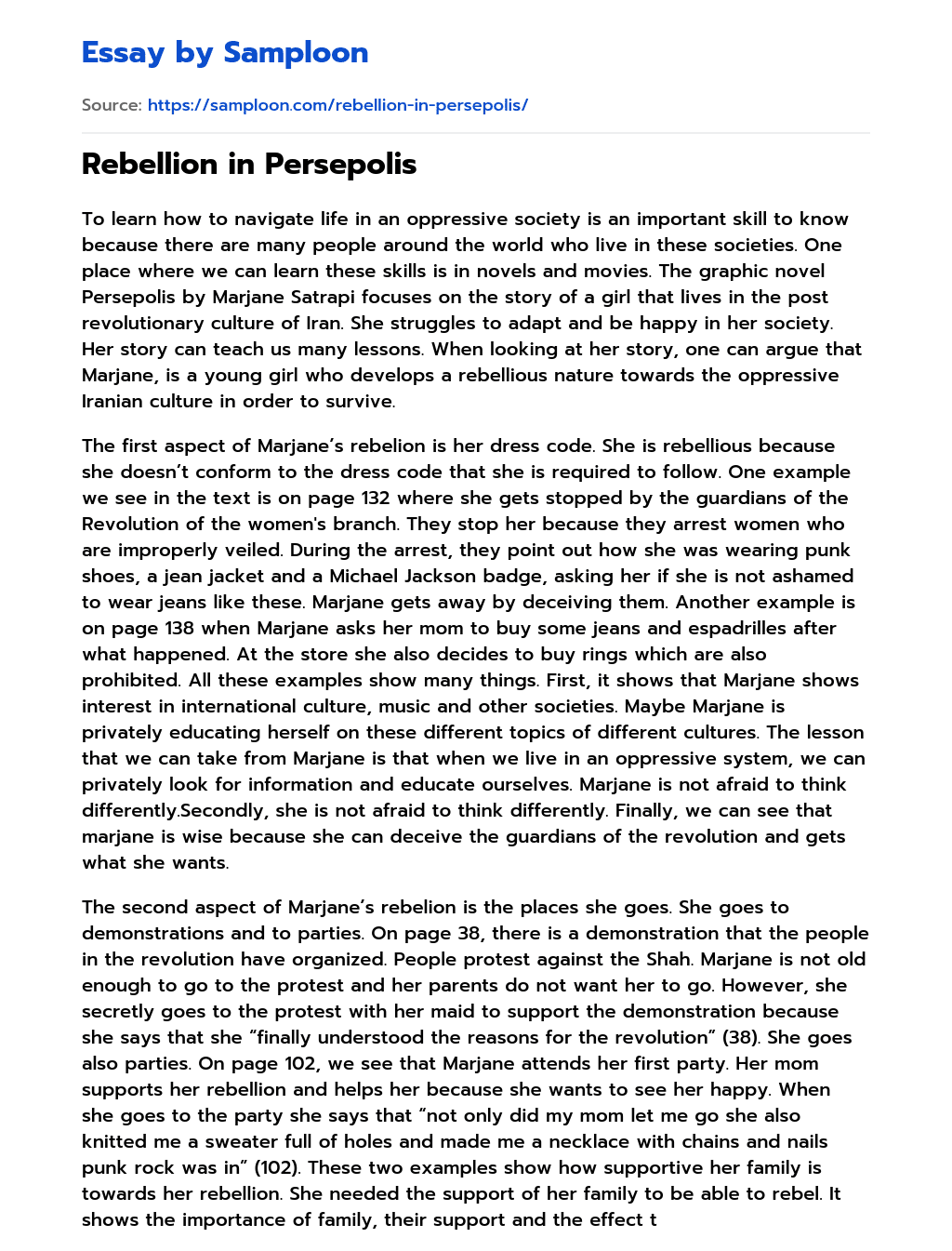 Rebellion in Persepolis Summary essay
