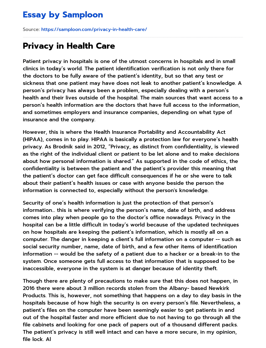 Privacy in Health Care essay