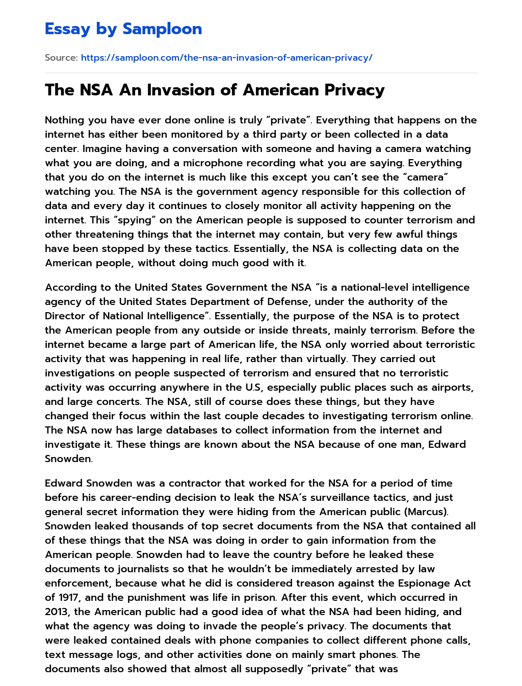 The NSA  An Invasion of American Privacy essay