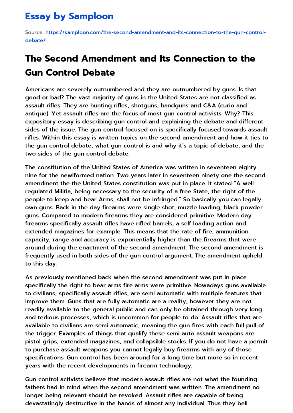 The Second Amendment and Its Connection to the Gun Control Debate essay