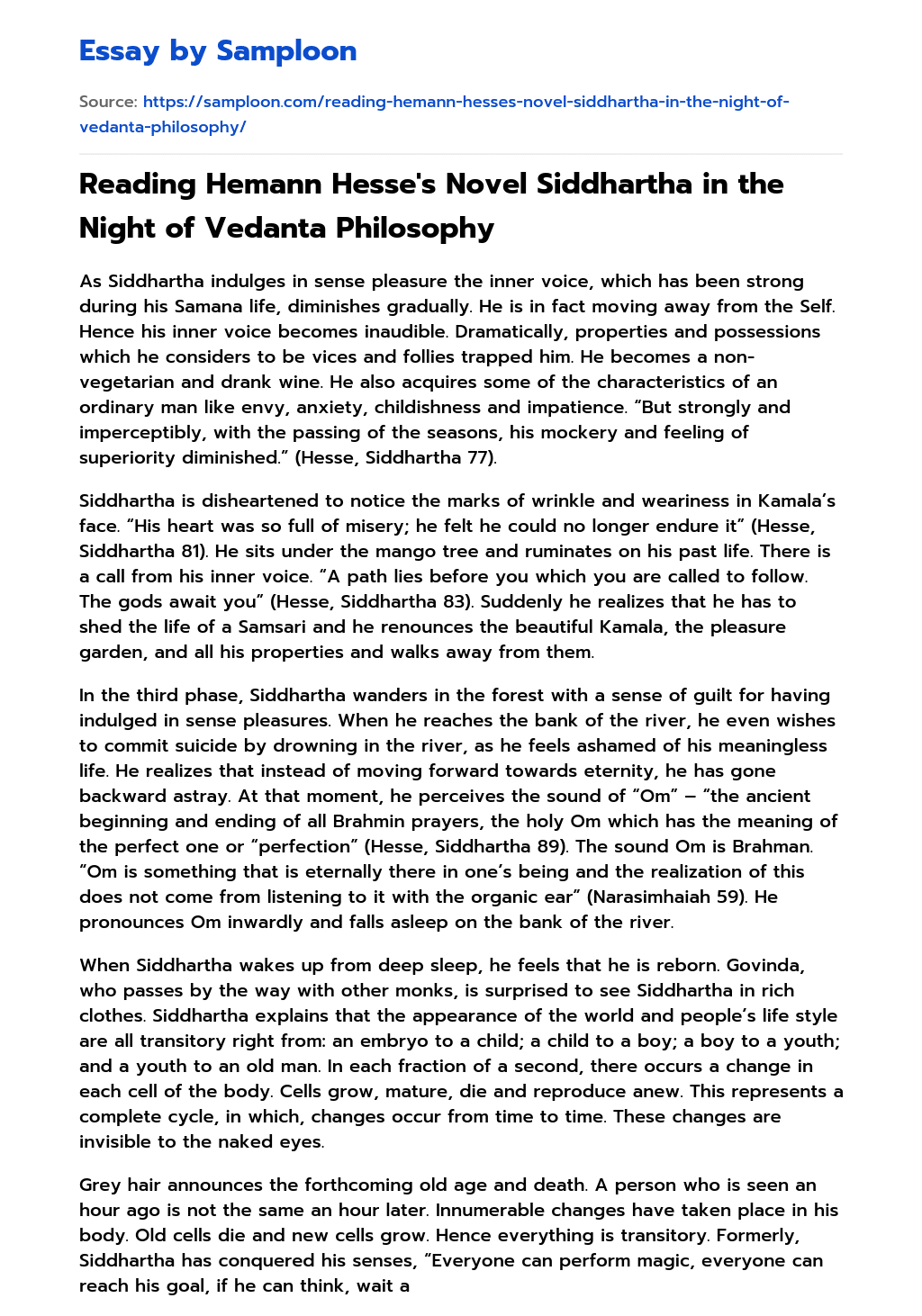 Reading Hemann Hesse’s Novel Siddhartha in the Night of Vedanta Philosophy  essay