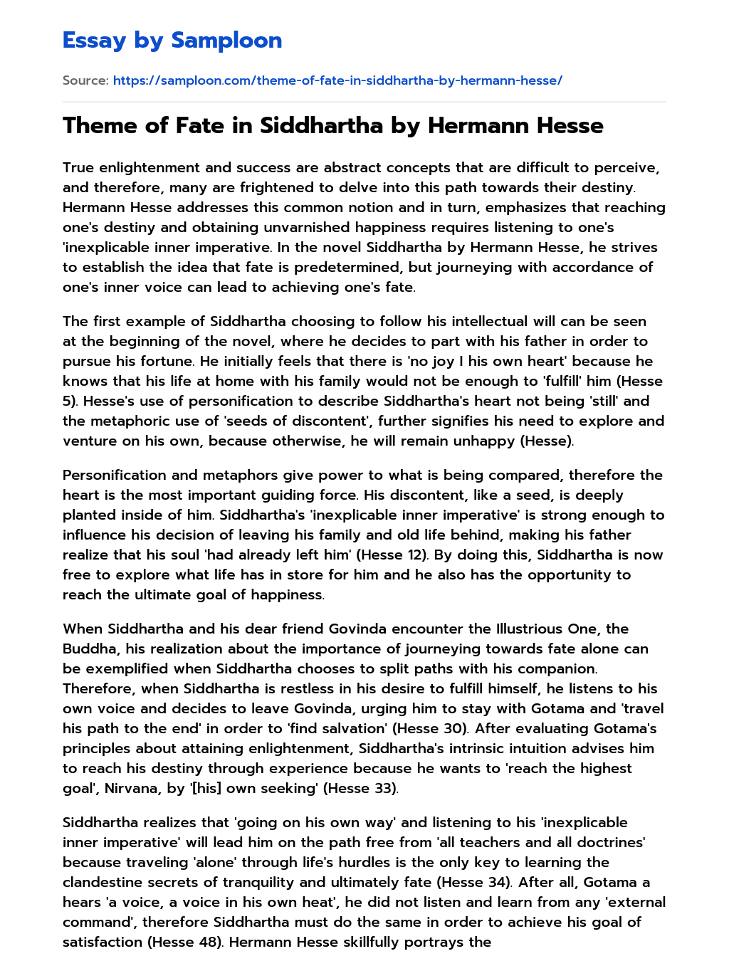 Theme of Fate in Siddhartha by Hermann Hesse essay