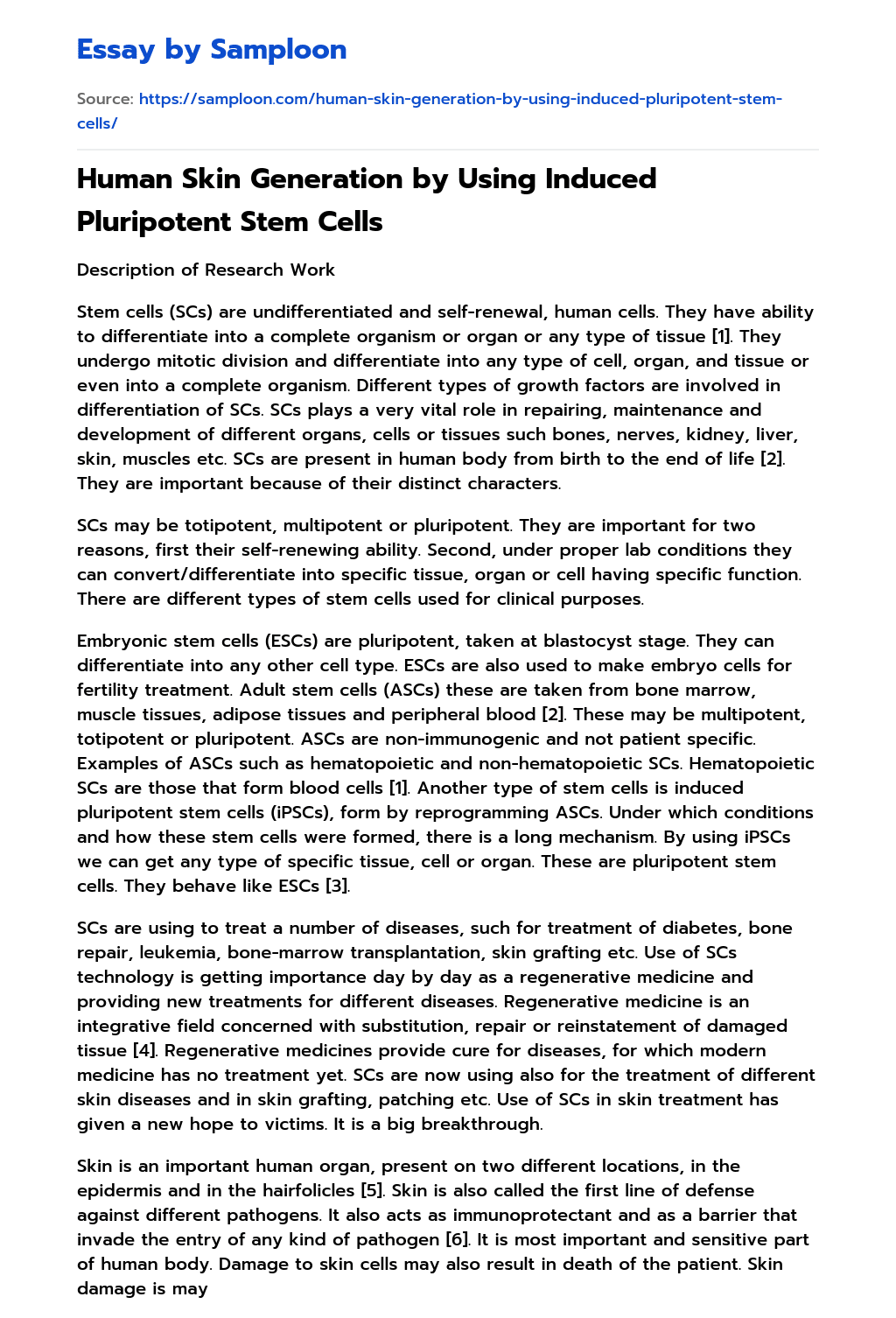 Human Skin Generation by Using Induced Pluripotent Stem Cells essay