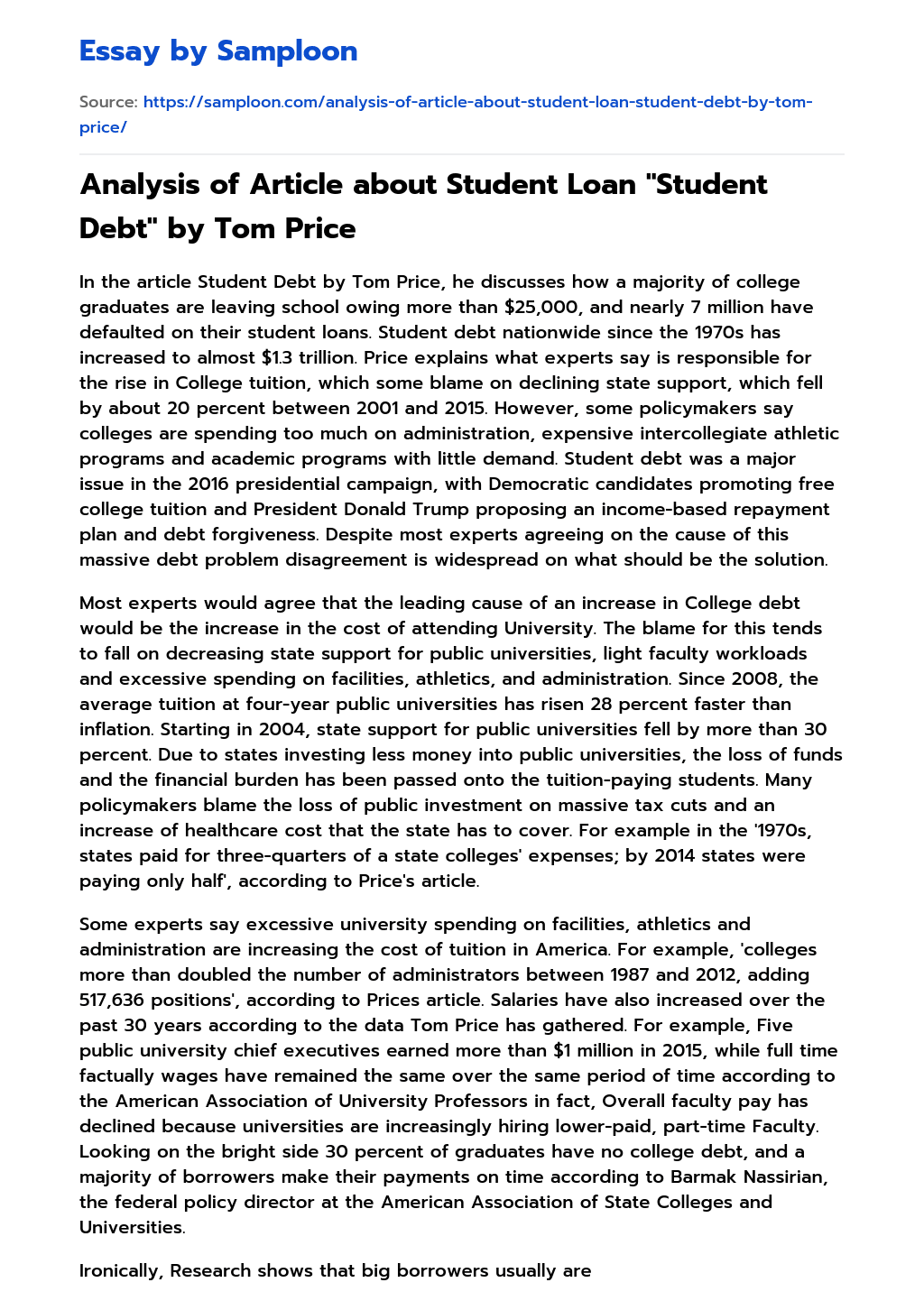 Analysis of Article about Student Loan “Student Debt” by Tom Price essay