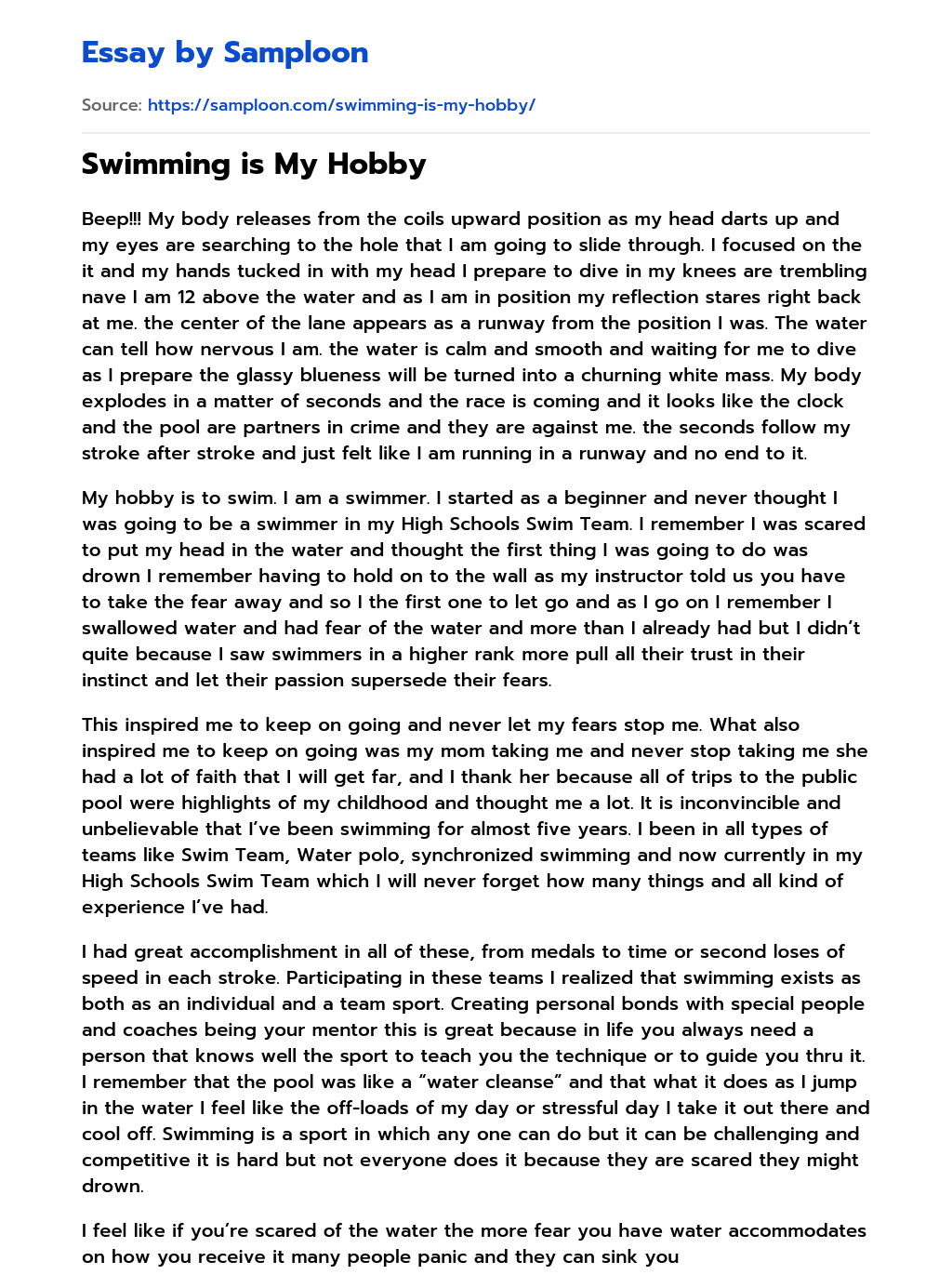 my hobby swimming short essay