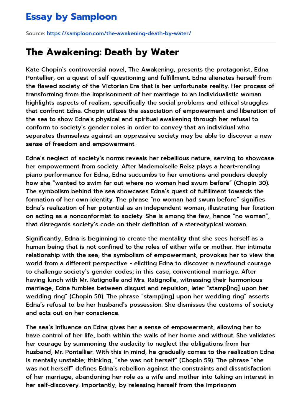 The Awakening: Death by Water essay