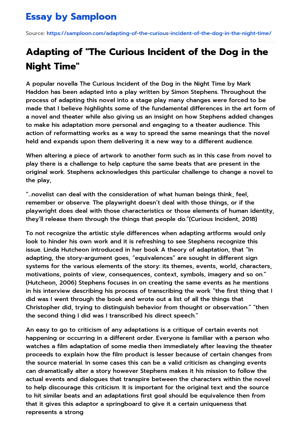 Adapting of “The Curious Incident of the Dog in the Night Time” essay