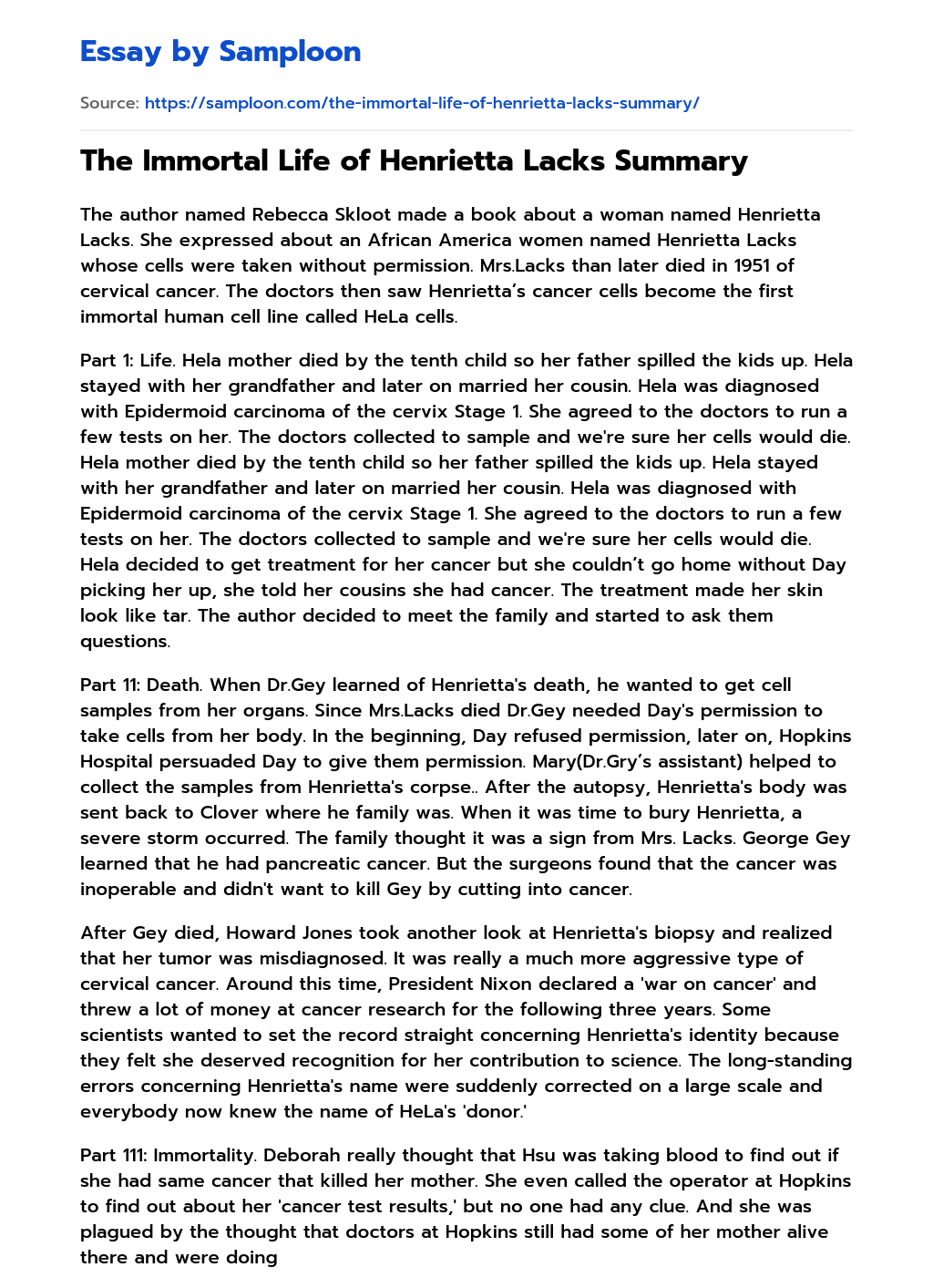 The Immortal Life of Henrietta Lacks Summary Summary essay