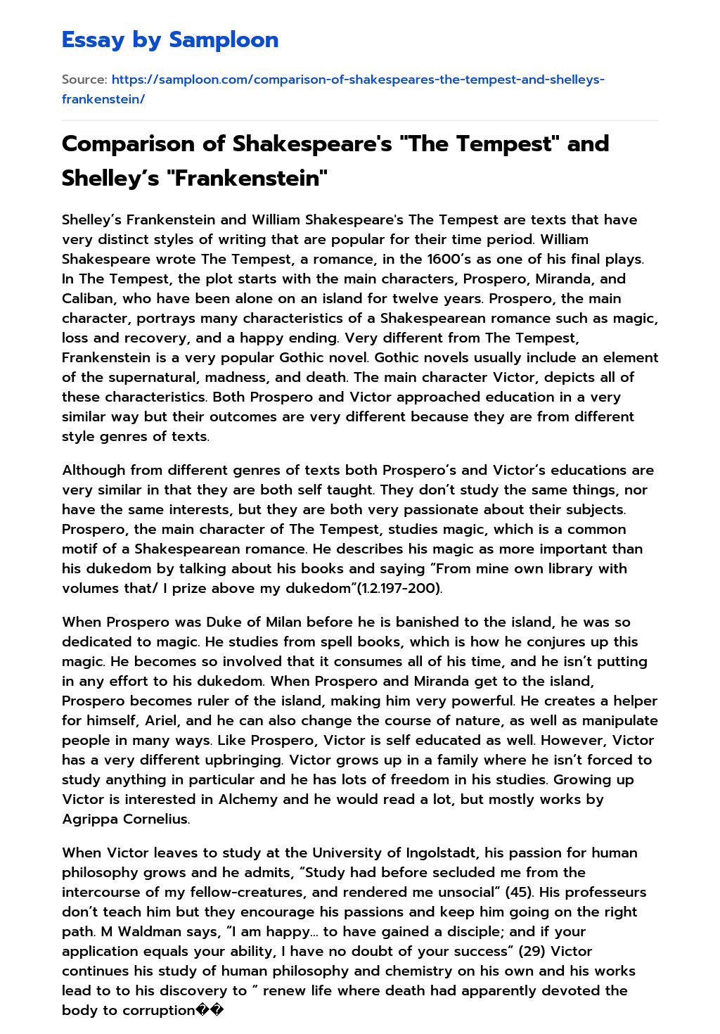 Comparison of Shakespeare’s “The Tempest” and Shelley’s “Frankenstein” Analytical Essay essay