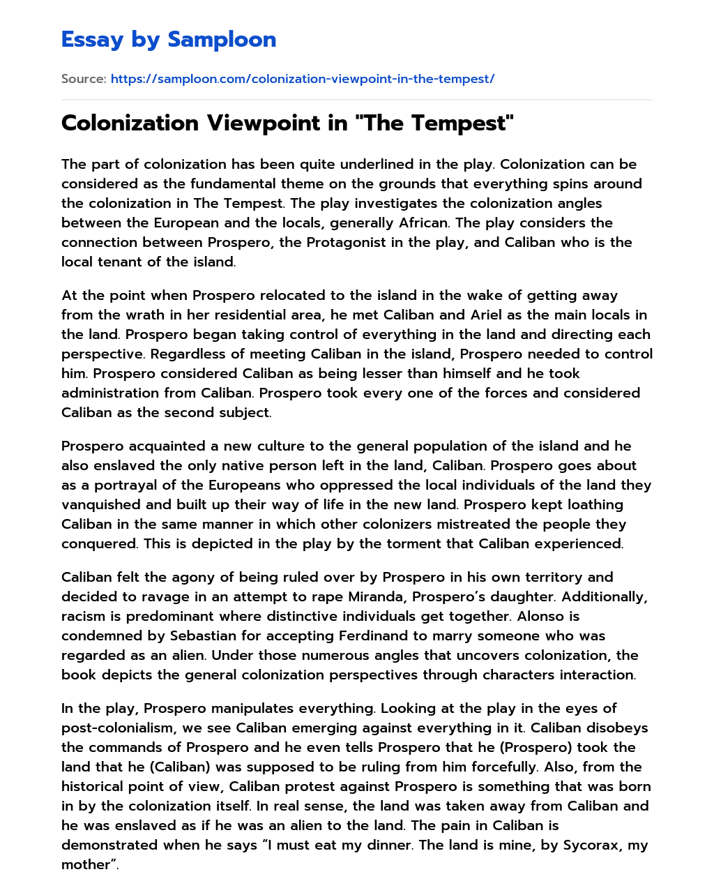 Colonization Viewpoint in “The Tempest” essay