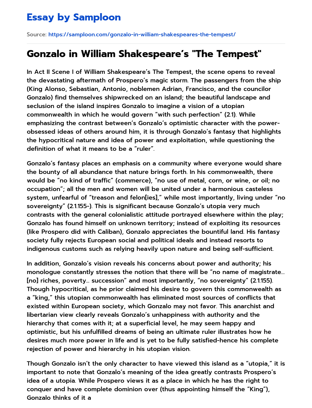 Gonzalo in William Shakespeare’s “The Tempest” Analytical Essay essay