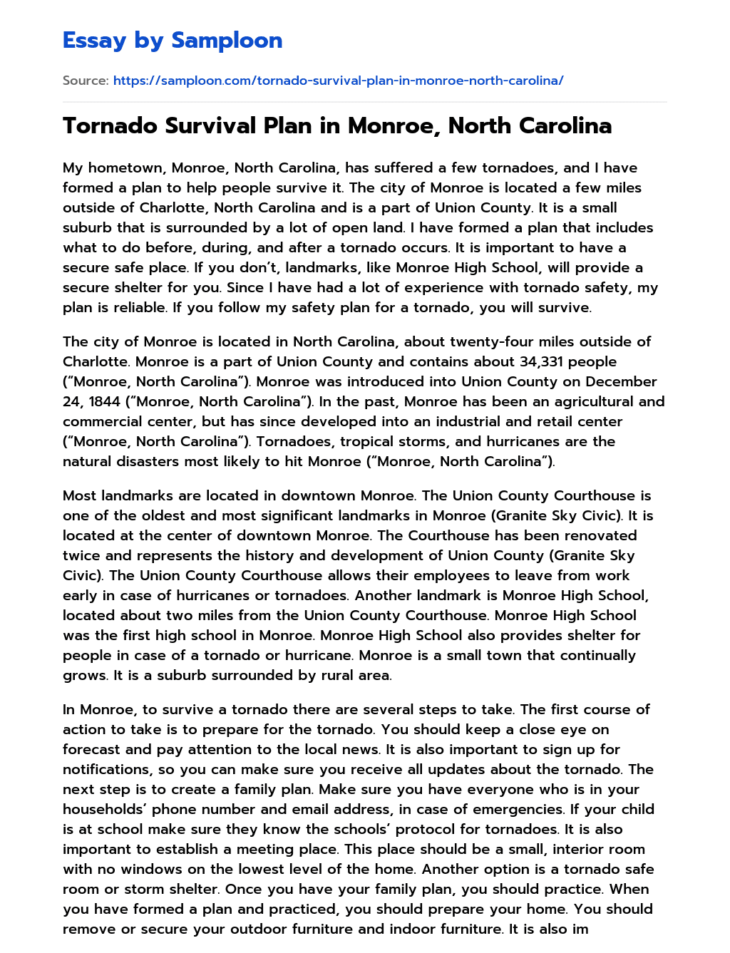 Tornado Survival Plan in Monroe, North Carolina essay