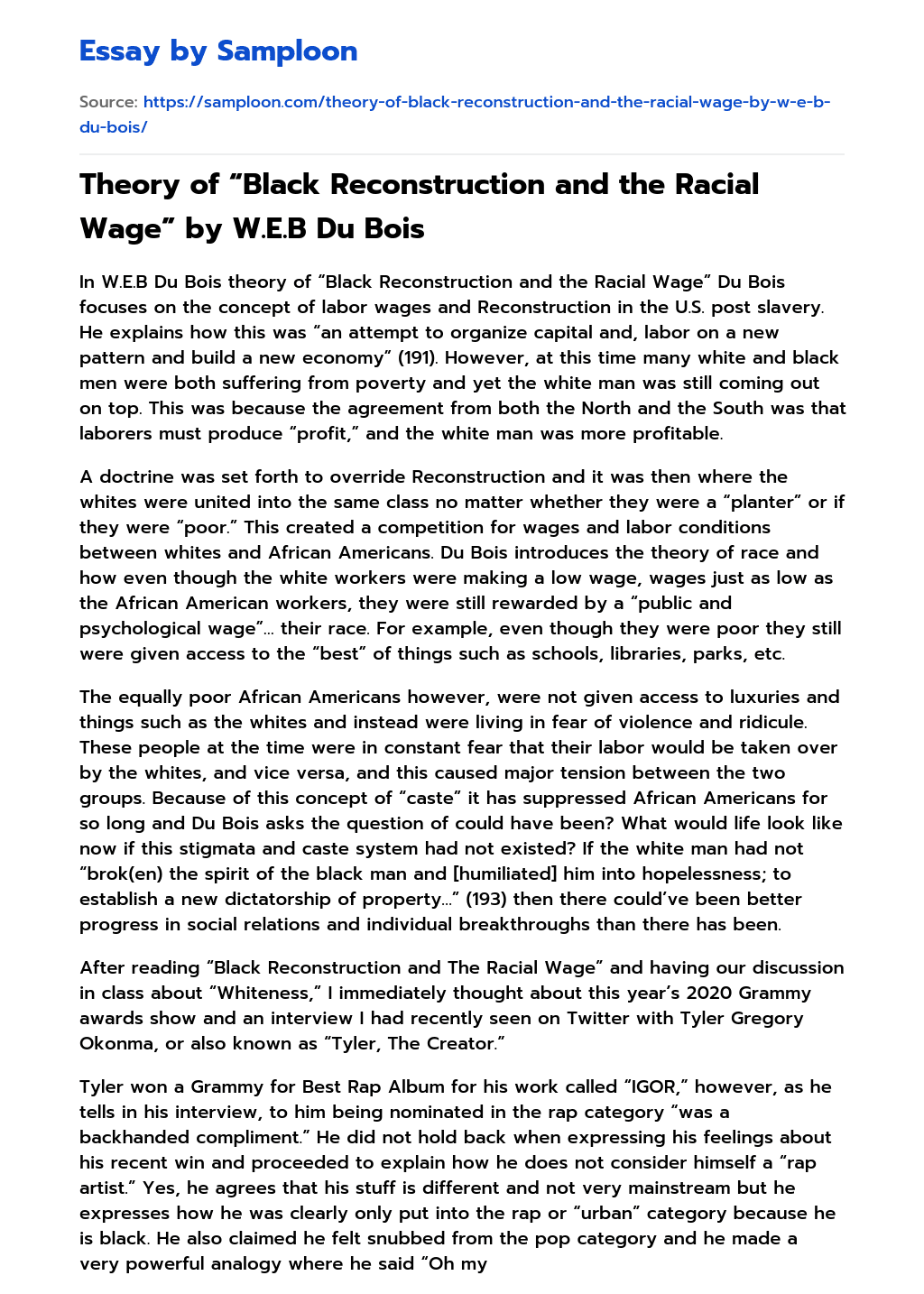 Theory of “Black Reconstruction and the Racial Wage” by W.E.B Du Bois essay
