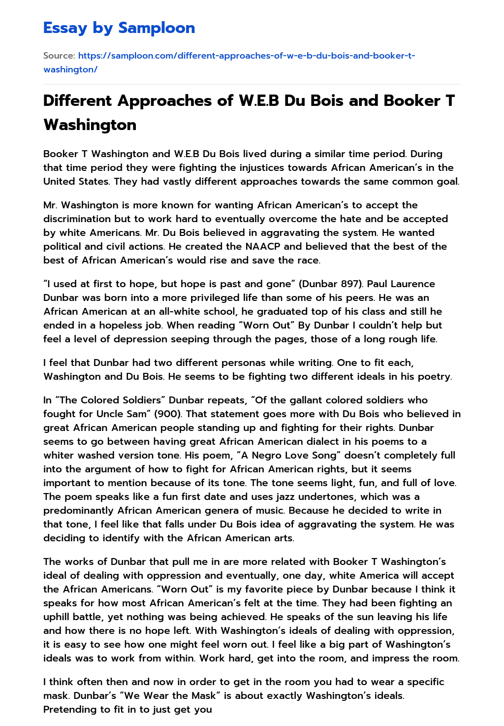 Different Approaches of W.E.B Du Bois and Booker T Washington essay