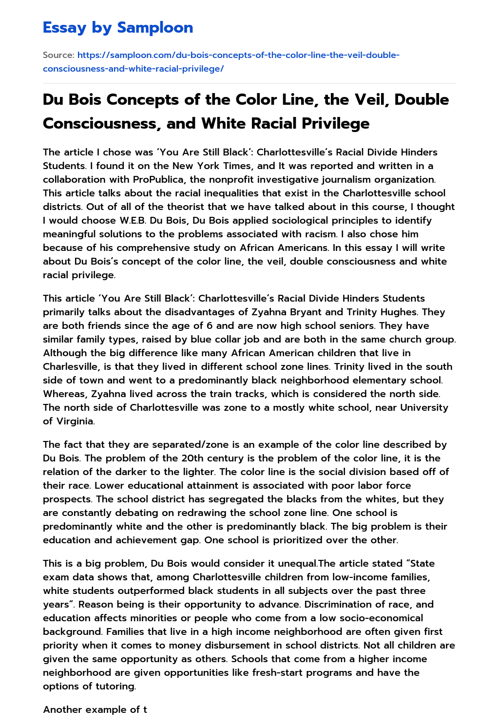 Du Bois Concepts of the Color Line, the Veil, Double Consciousness, and White Racial Privilege essay