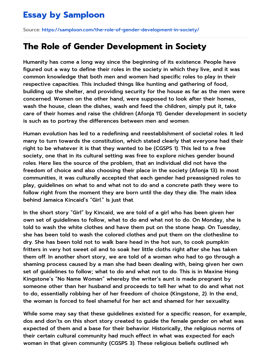 The Role of Gender Development in Society essay