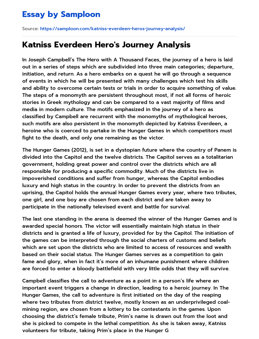 Katniss Everdeen Hero’s Journey Analysis essay