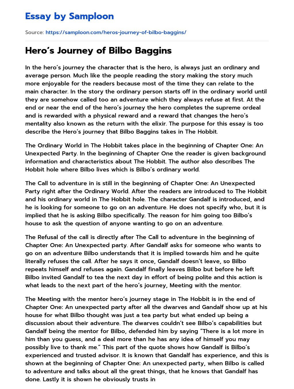 Hero’s Journey of Bilbo Baggins essay