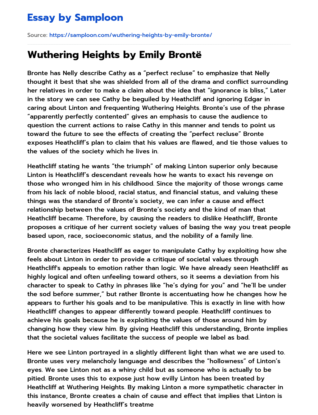 Wuthering Heights by Emily Brontë essay