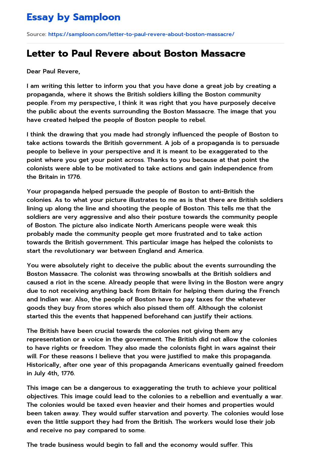 Letter to Paul Revere about Boston Massacre essay