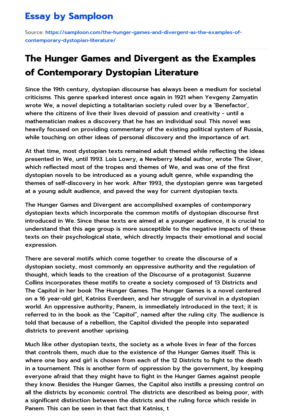 The Hunger Games and Divergent as the Examples of Contemporary Dystopian Literature essay