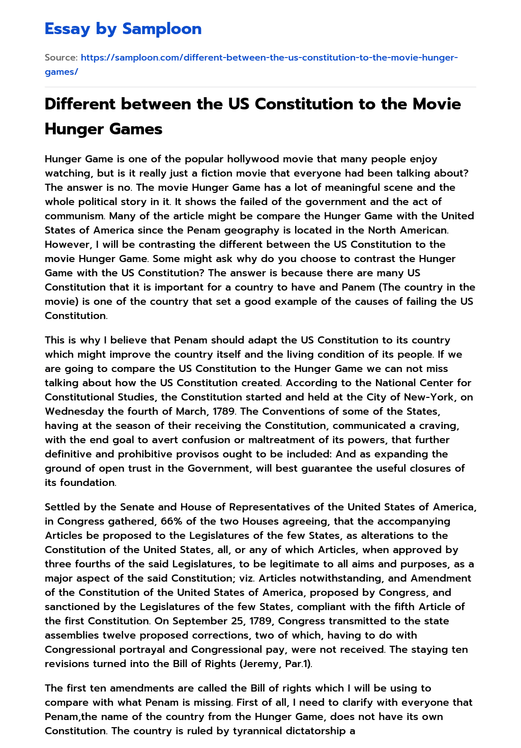 Different between the US Constitution to the Movie Hunger Games Review essay