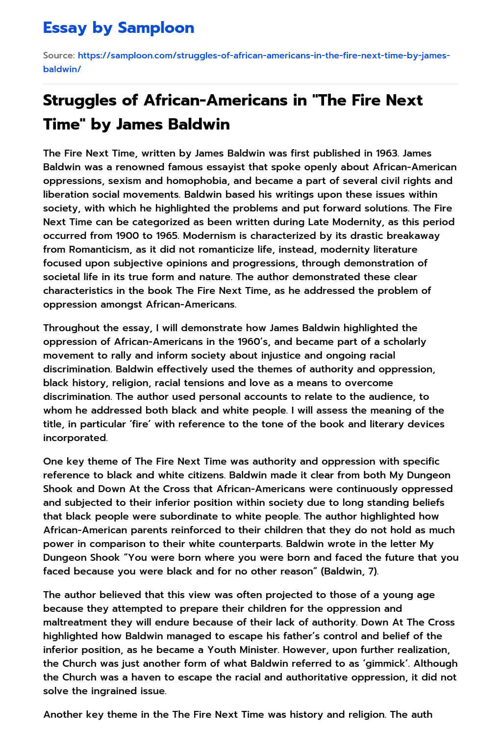 Struggles of African-Americans in “The Fire Next Time” by James Baldwin Analytical Essay essay