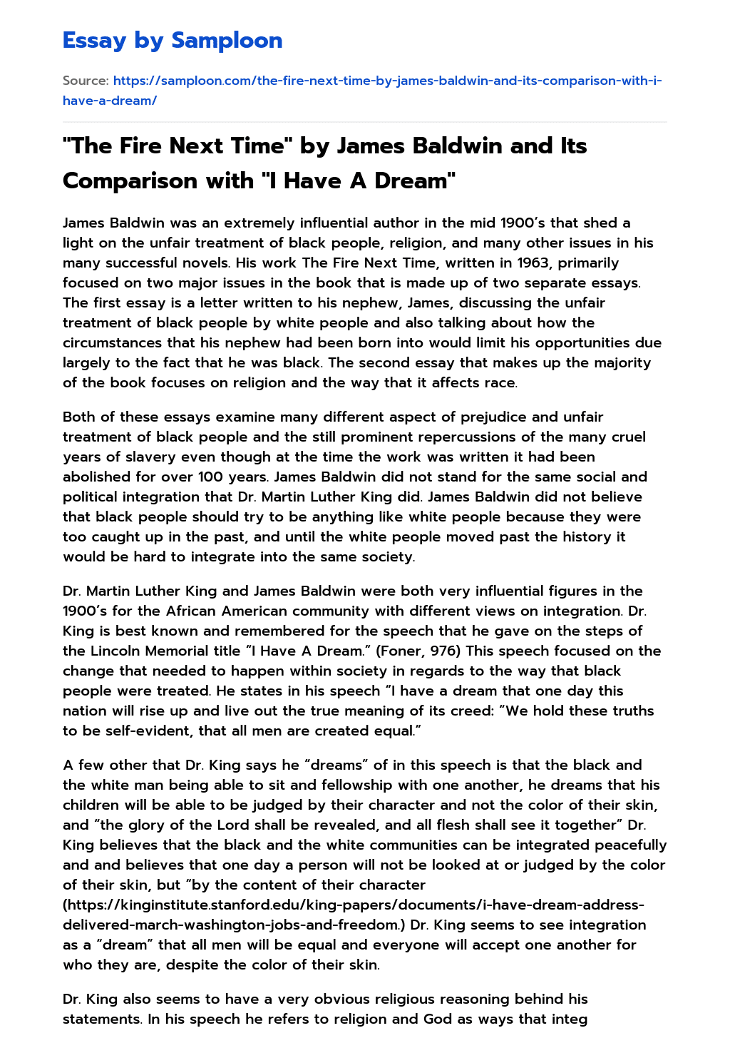 “The Fire Next Time” by James Baldwin and Its Comparison with “I Have A Dream” essay