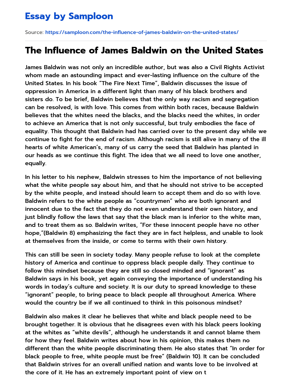 The Influence of James Baldwin on the United States essay