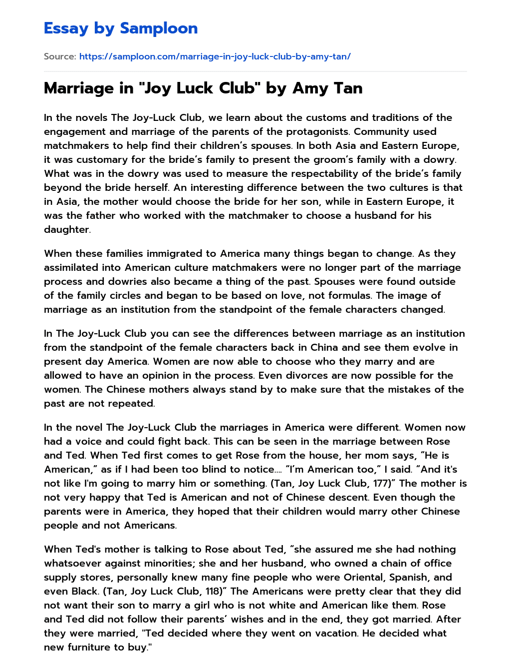 Marriage in “Joy Luck Club” by Amy Tan essay