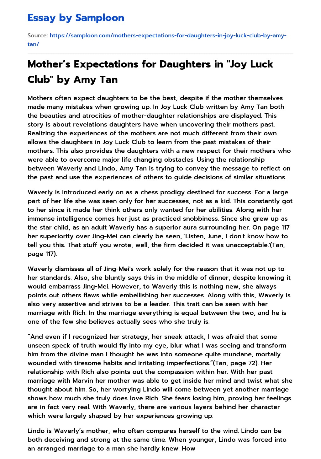 Mother’s Expectations for Daughters in “Joy Luck Club” by Amy Tan essay