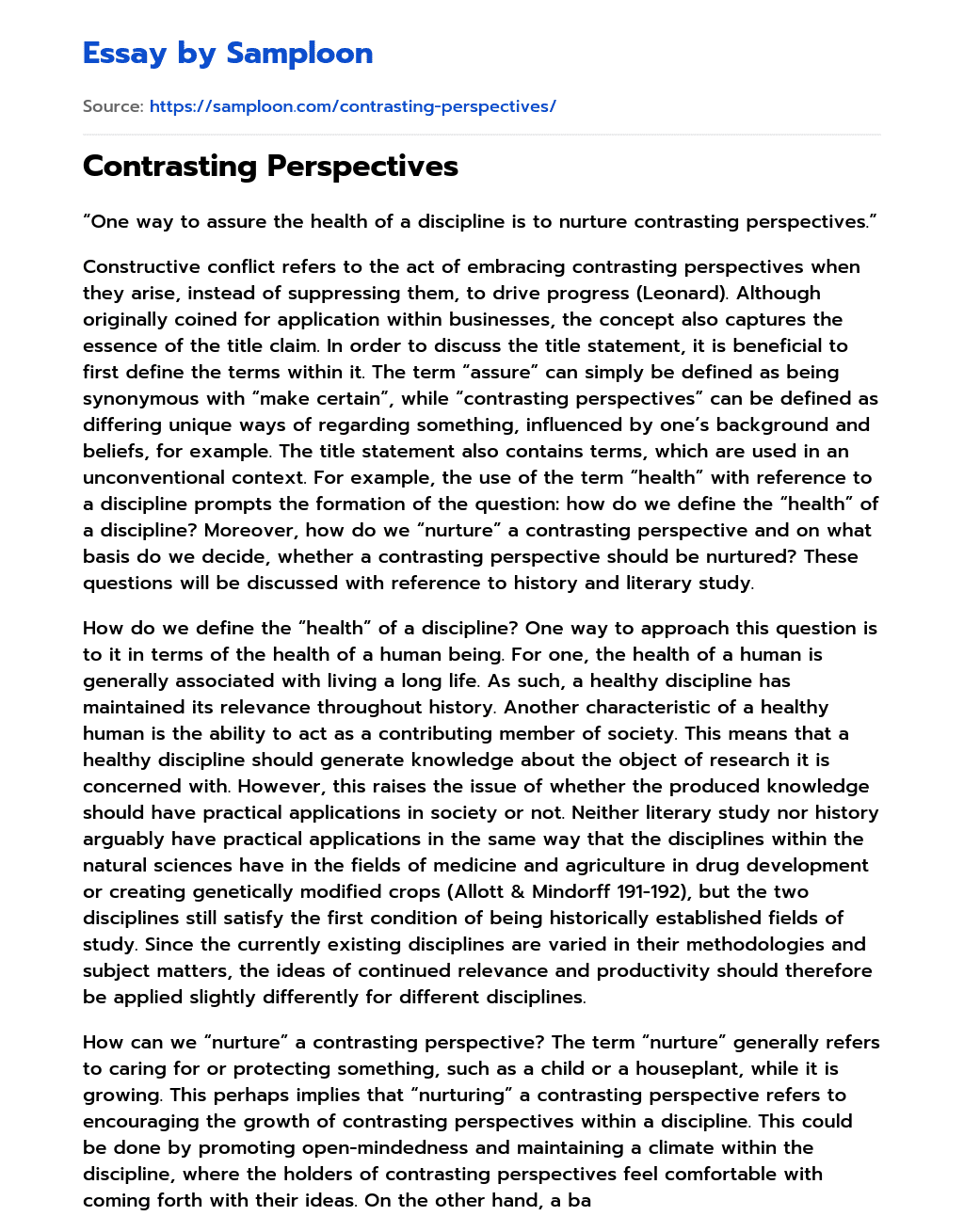 Contrasting Perspectives essay