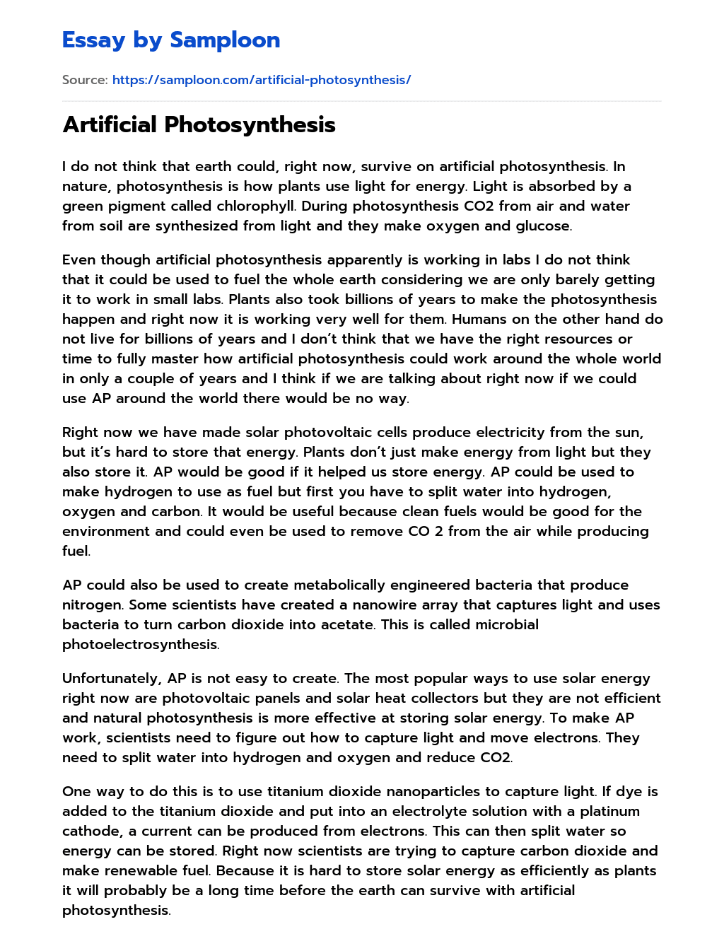 Artificial Photosynthesis essay