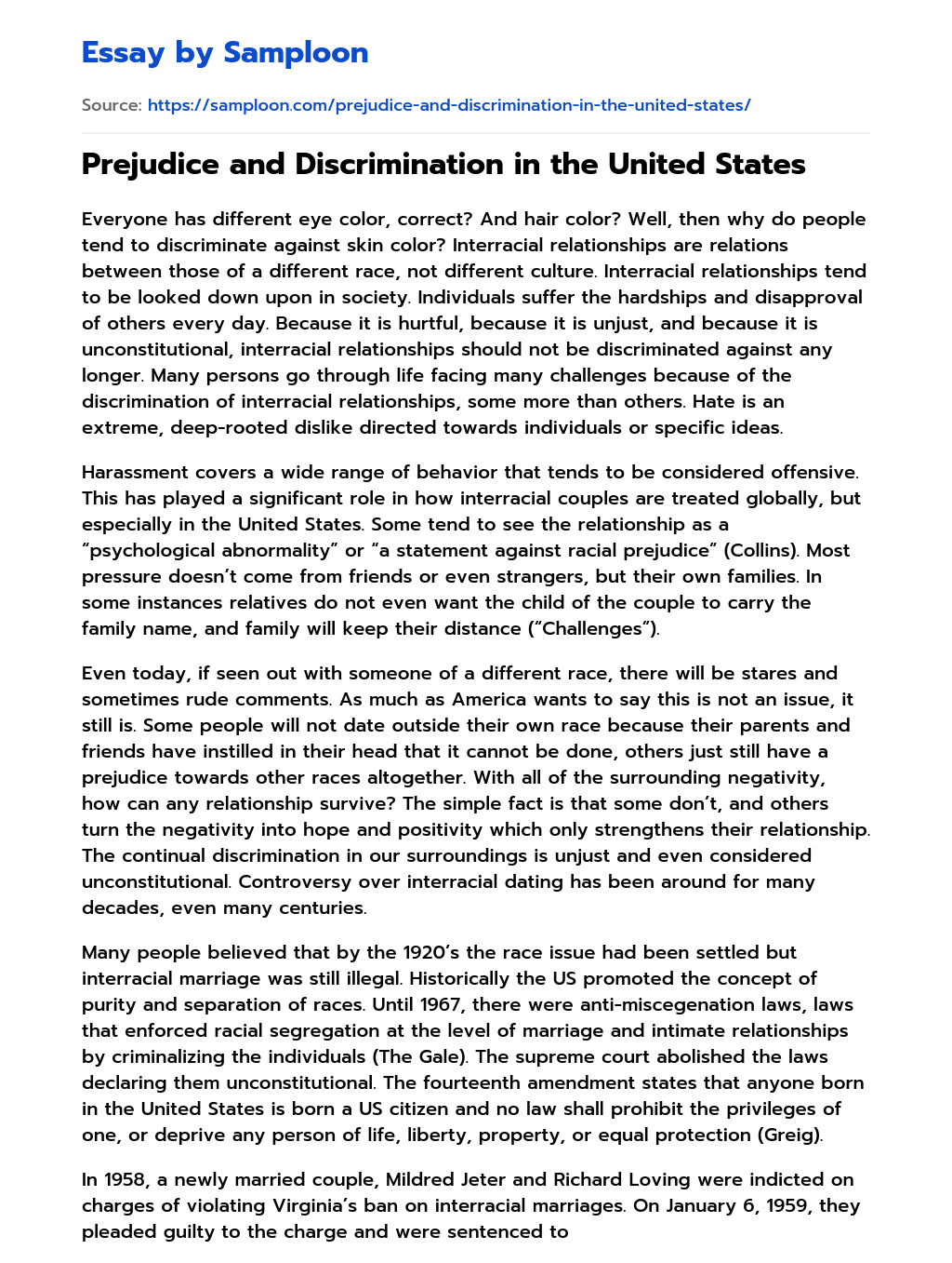 Prejudice and Discrimination in the United States essay