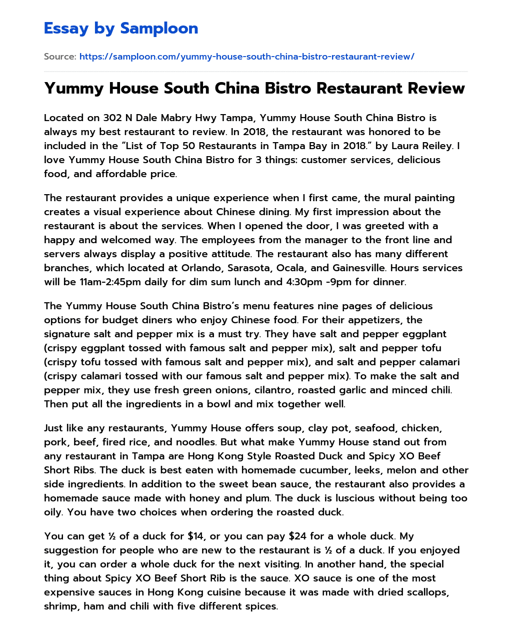Yummy House South China Bistro Restaurant Review essay