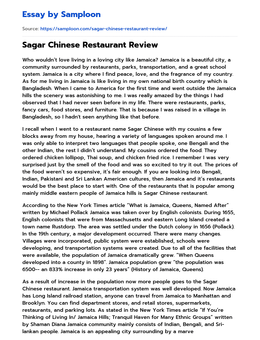 Sagar Chinese Restaurant Review essay