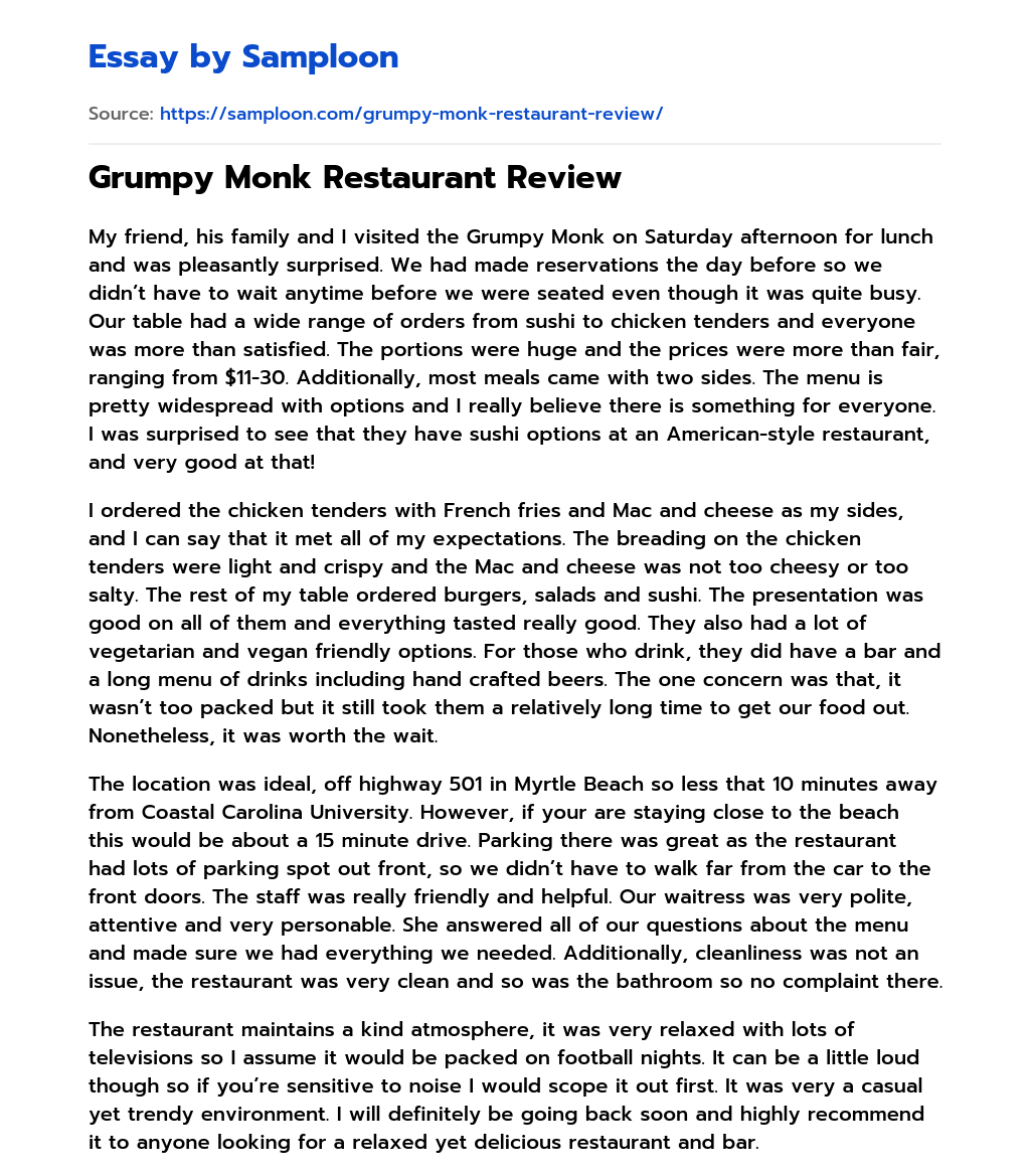 Grumpy Monk Restaurant Review essay