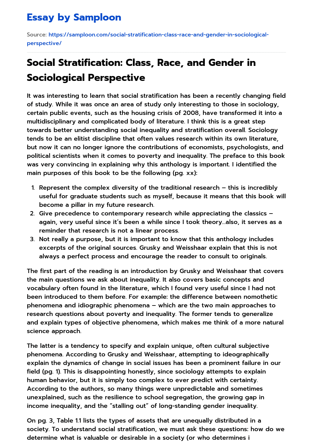 Social Stratification: Class, Race, and Gender in Sociological Perspective essay