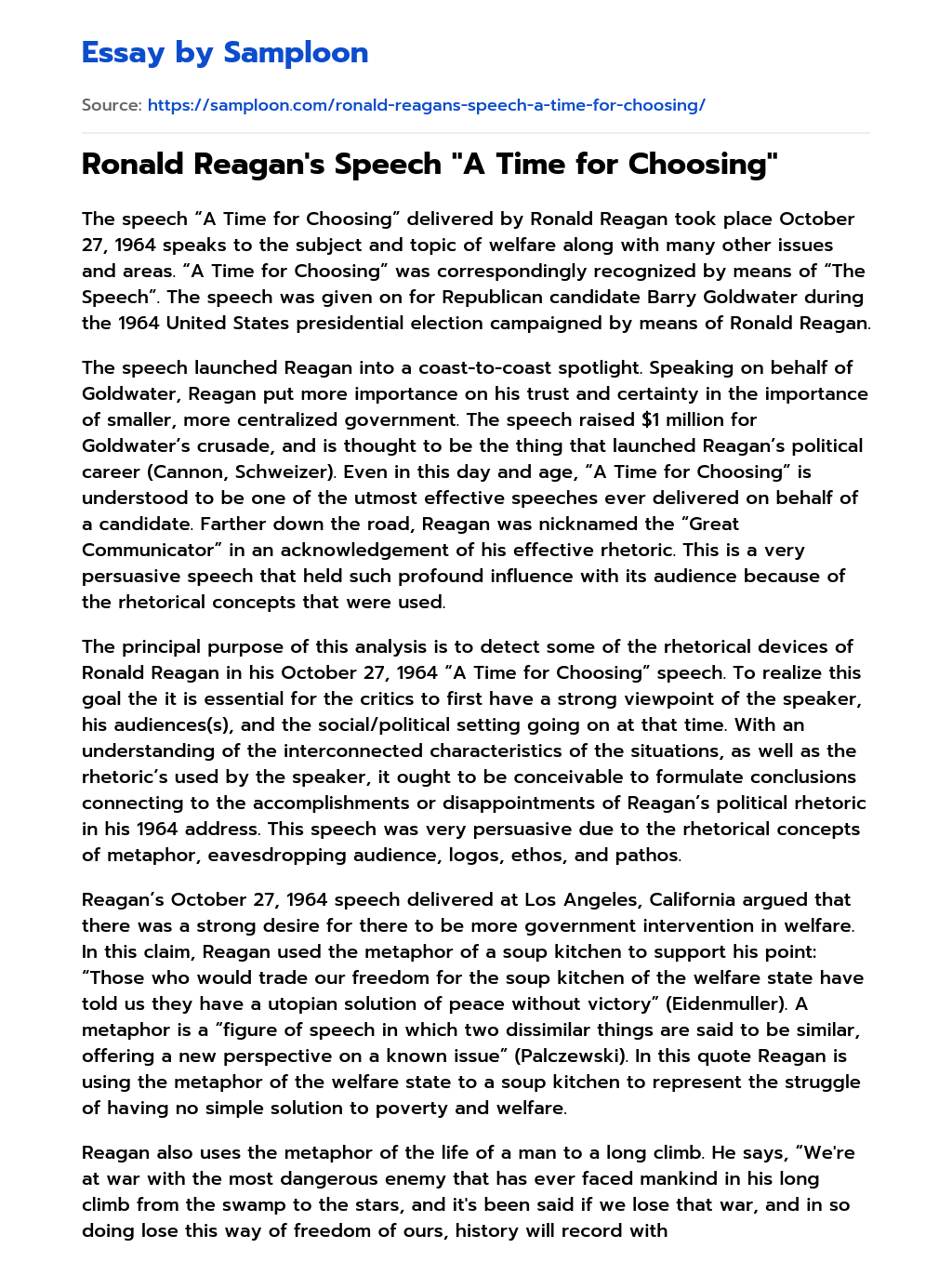 Ronald Reagan’s Speech “A Time for Choosing” Analytical Essay essay