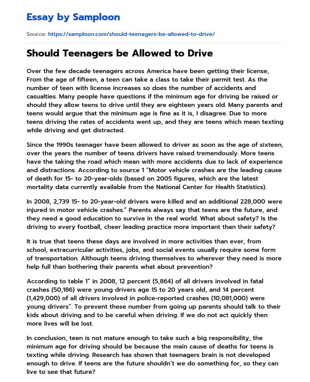 Should Teenagers be Allowed to Drive essay