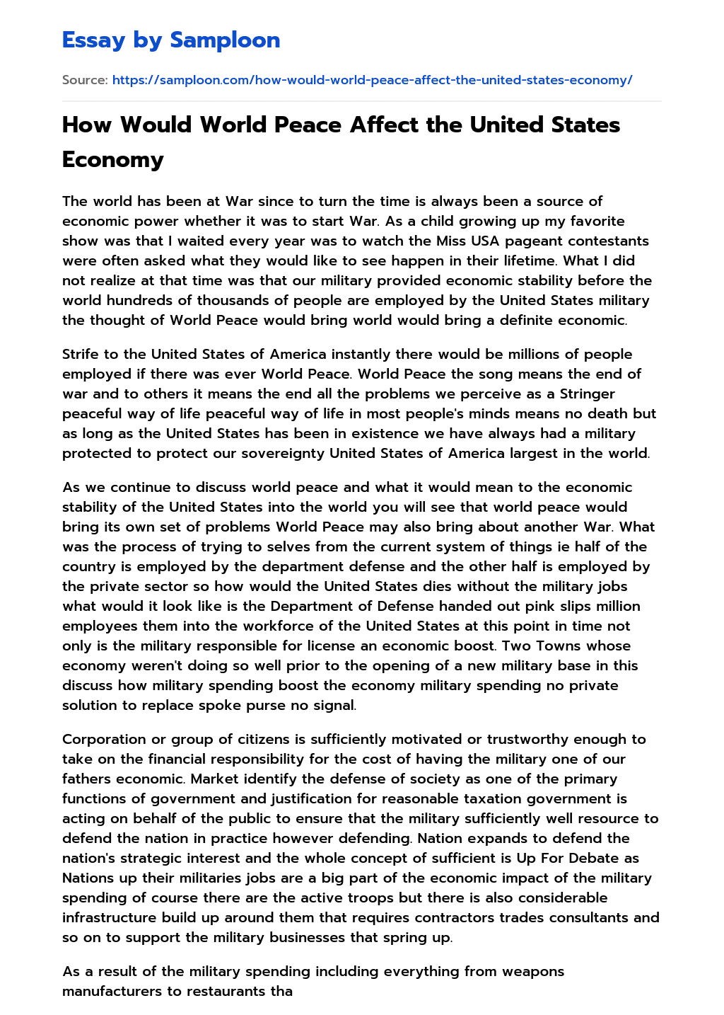 How Would World Peace Affect the United States Economy essay