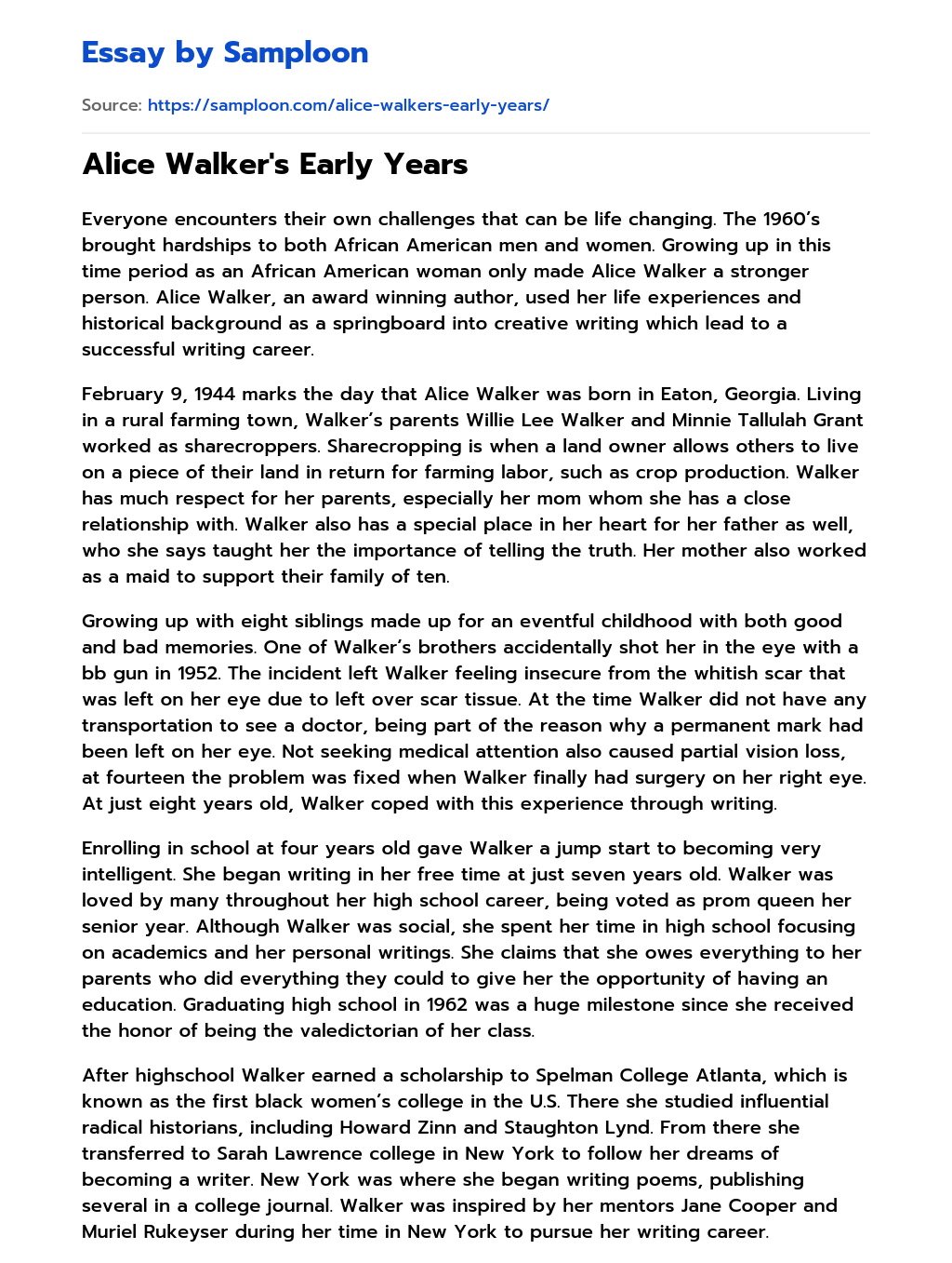 Alice Walker’s Early Years essay