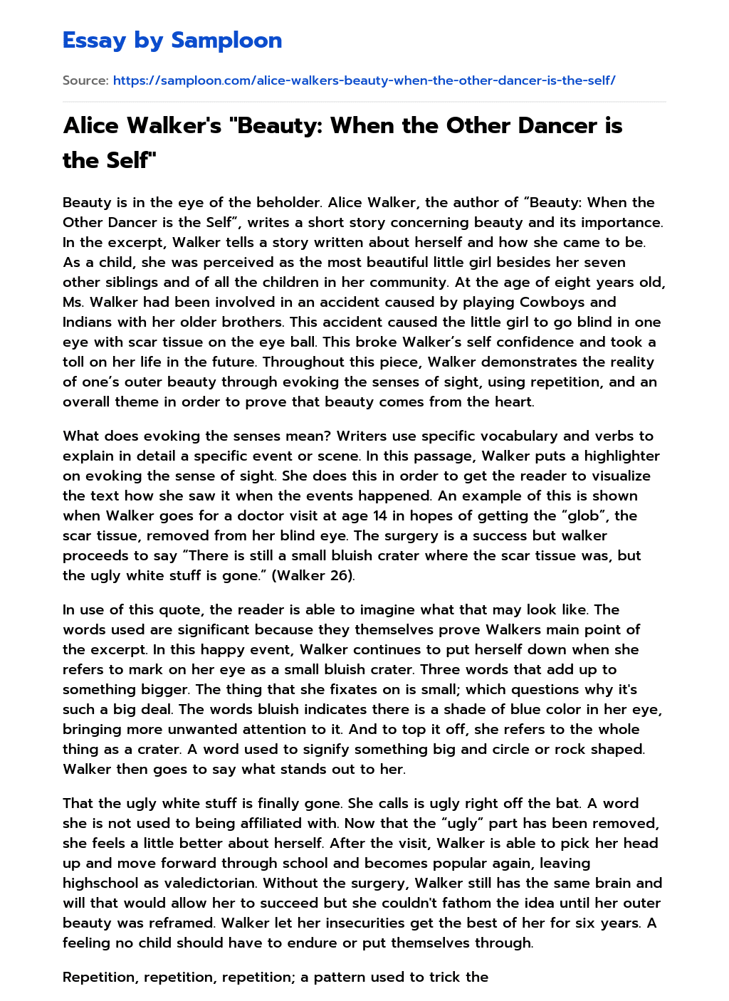 Alice Walker’s “Beauty: When the Other Dancer is the Self” Analytical Essay essay