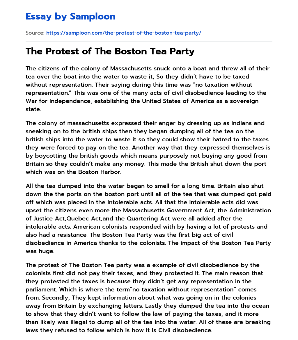 The Protest of The Boston Tea Party essay