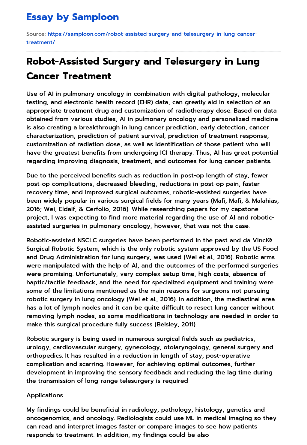 Robot-Assisted Surgery and Telesurgery in Lung Cancer Treatment essay