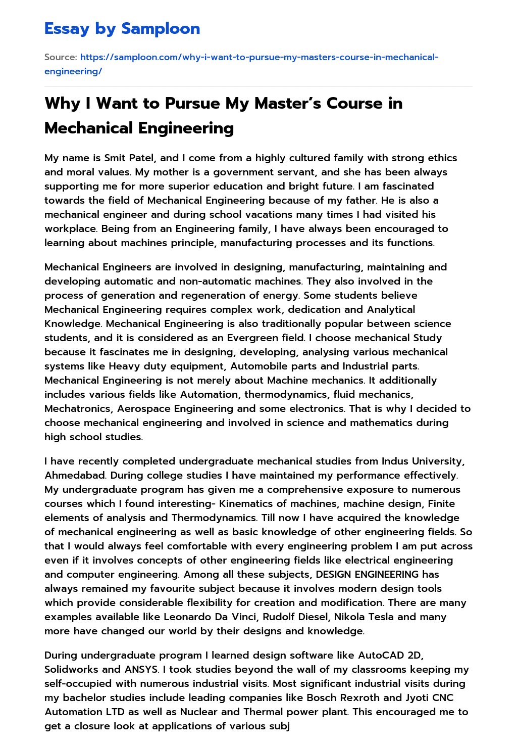 Why I Want to Pursue My Master’s Course in Mechanical Engineering essay