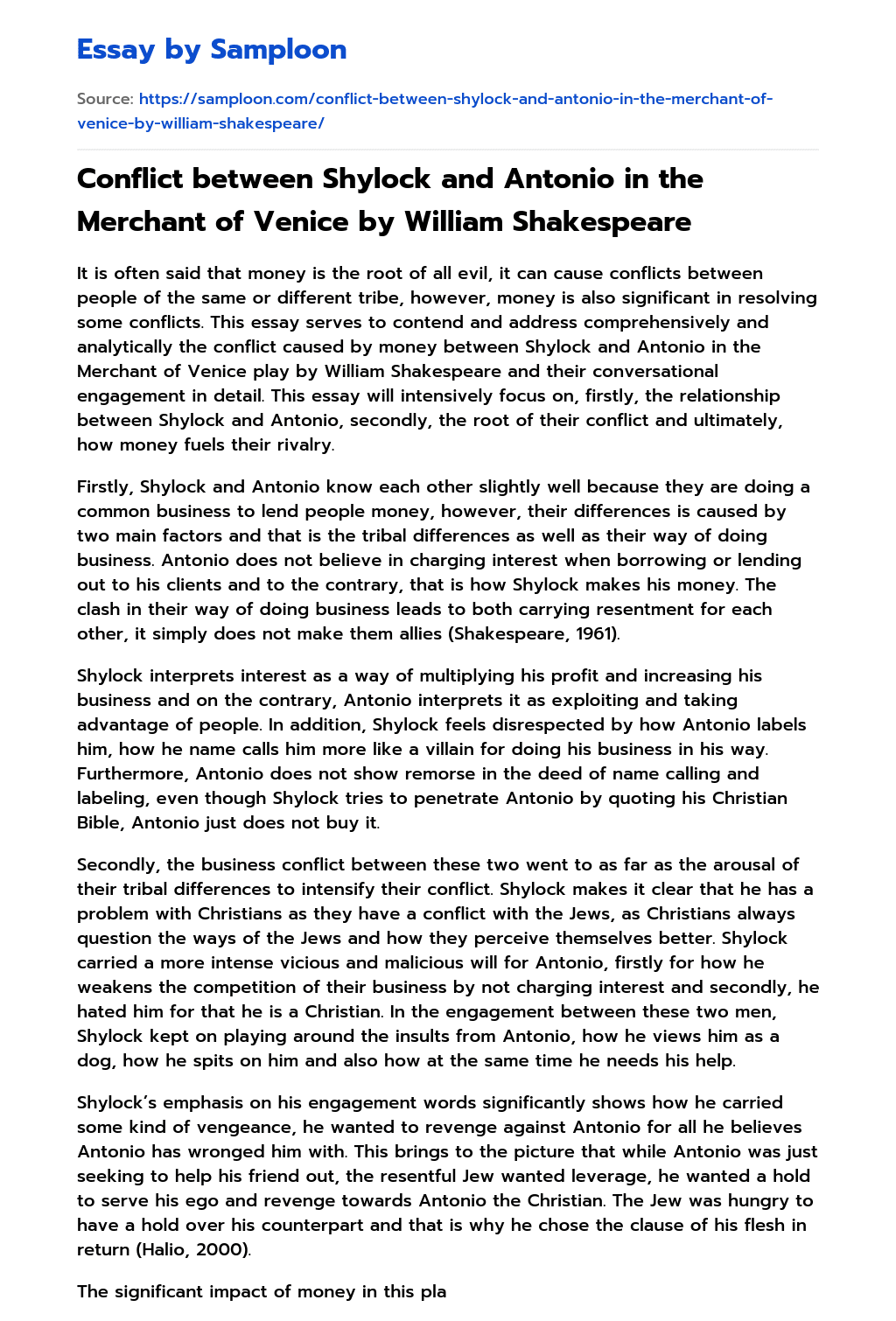 Conflict between Shylock and Antonio in the Merchant of Venice by William Shakespeare Summary essay
