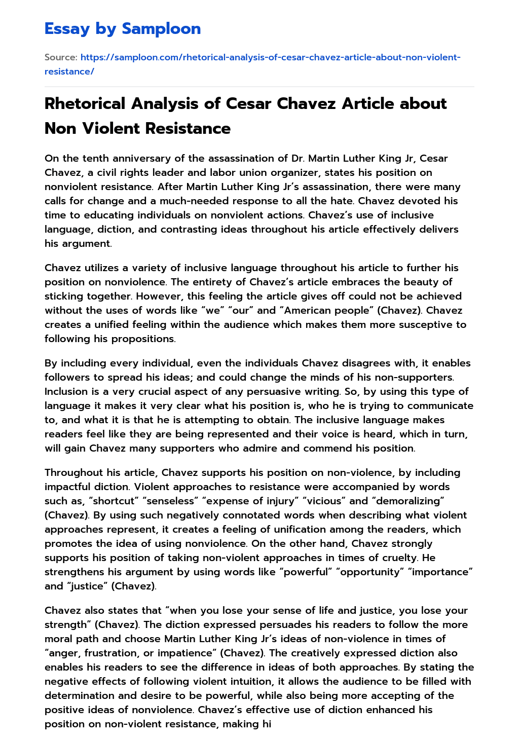 Rhetorical Analysis of Cesar Chavez Article about Non Violent Resistance essay